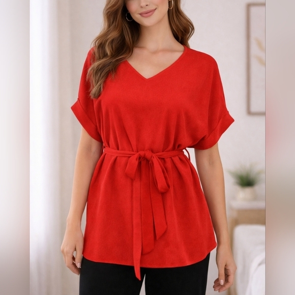Private Label Tops - Tomato Red Short Sleeve Tie-Waist Belted Maxi Blouse